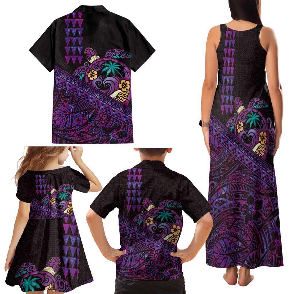 Hawaiian Abstract Sea Turtle Family Matching Tank Maxi Dress and Hawaiian Shirt Polynesian Tapa Art and Kakau Tattoo Purple WaterColor LT03 - Polynesian Pride
