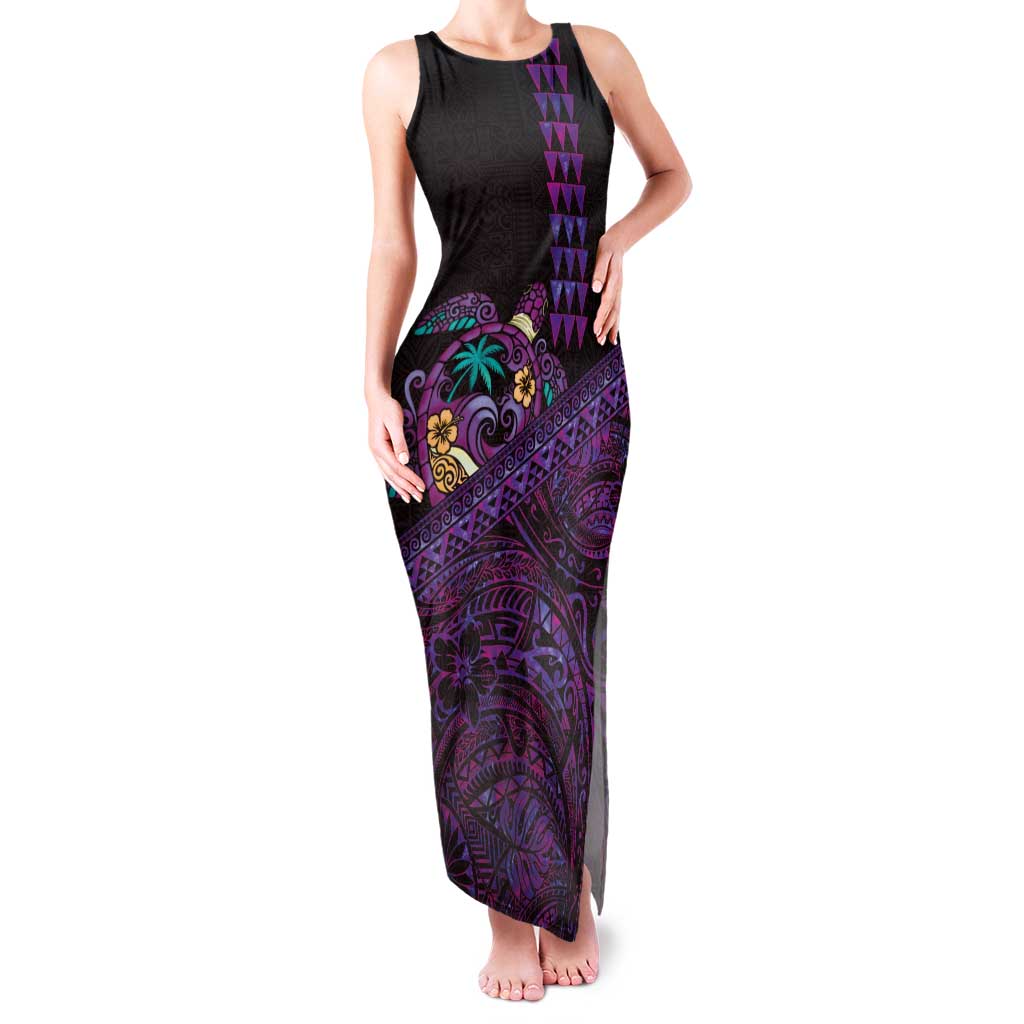 Hawaiian Abstract Sea Turtle Family Matching Tank Maxi Dress and Hawaiian Shirt Polynesian Tapa Art and Kakau Tattoo Purple WaterColor LT03 Mom's Dress Black - Polynesian Pride
