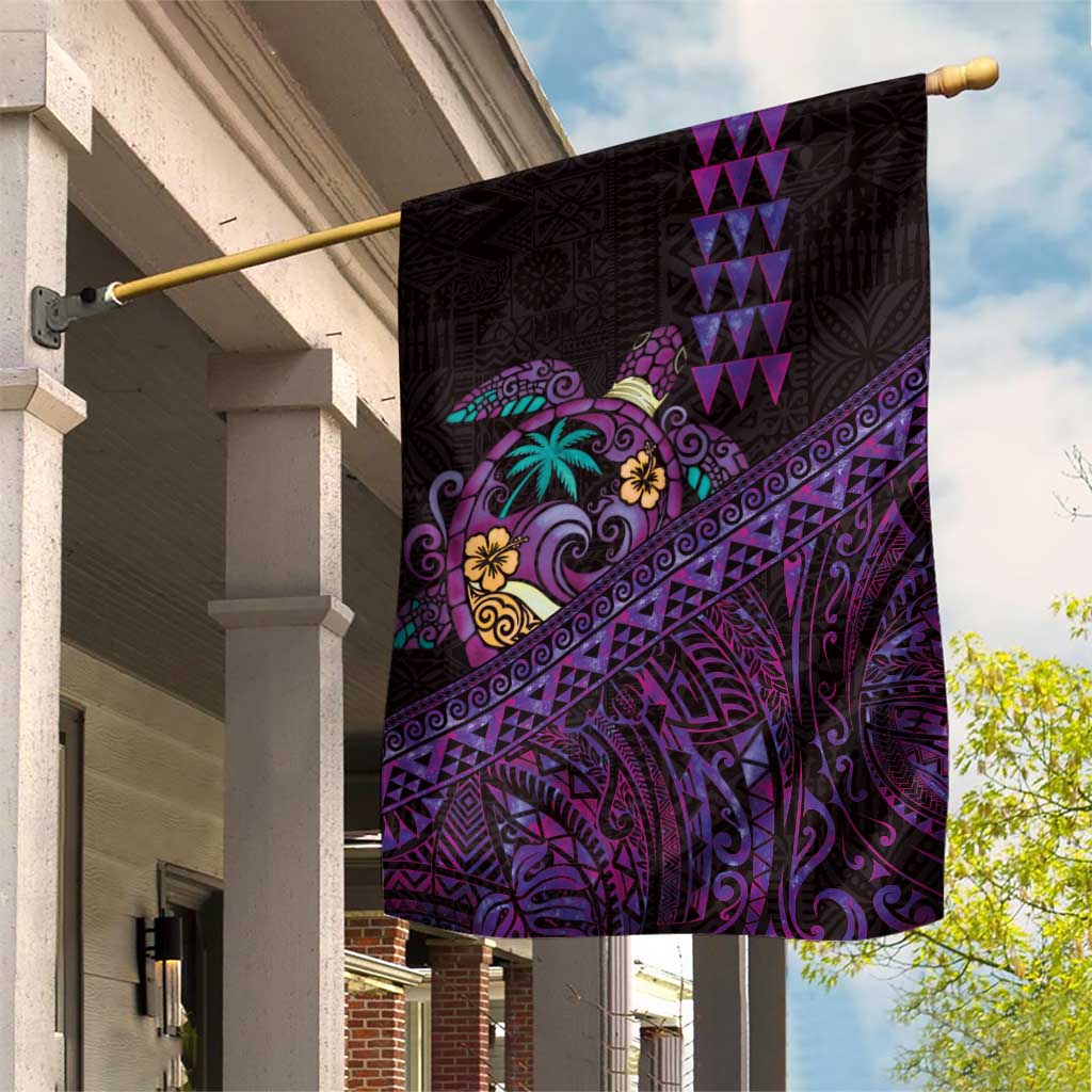 Hawaiian Abstract Sea Turtle Garden Flag Polynesian Tapa Art and Kakau Tattoo Purple WaterColor LT03 House Flag Black - Polynesian Pride