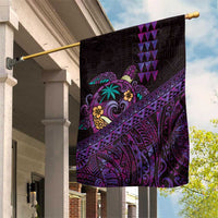 Hawaiian Abstract Sea Turtle Garden Flag Polynesian Tapa Art and Kakau Tattoo Purple WaterColor LT03 House Flag Black - Polynesian Pride