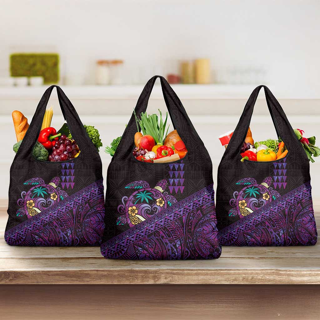 Hawaiian Abstract Sea Turtle Grocery Bag Polynesian Tapa Art and Kakau Tattoo Purple WaterColor LT03 3-pack One Size Black - Polynesian Pride