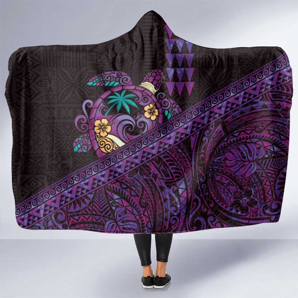 Hawaiian Abstract Sea Turtle Hooded Blanket Polynesian Tapa Art and Kakau Tattoo Purple WaterColor LT03 One Size Black - Polynesian Pride