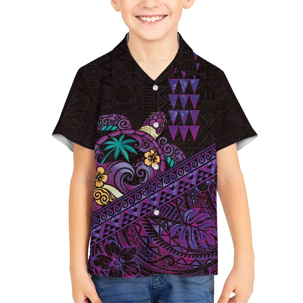 Hawaiian Abstract Sea Turtle Kid Hawaiian Shirt Polynesian Tapa Art and Kakau Tattoo Purple WaterColor LT03 Kid Black - Polynesian Pride