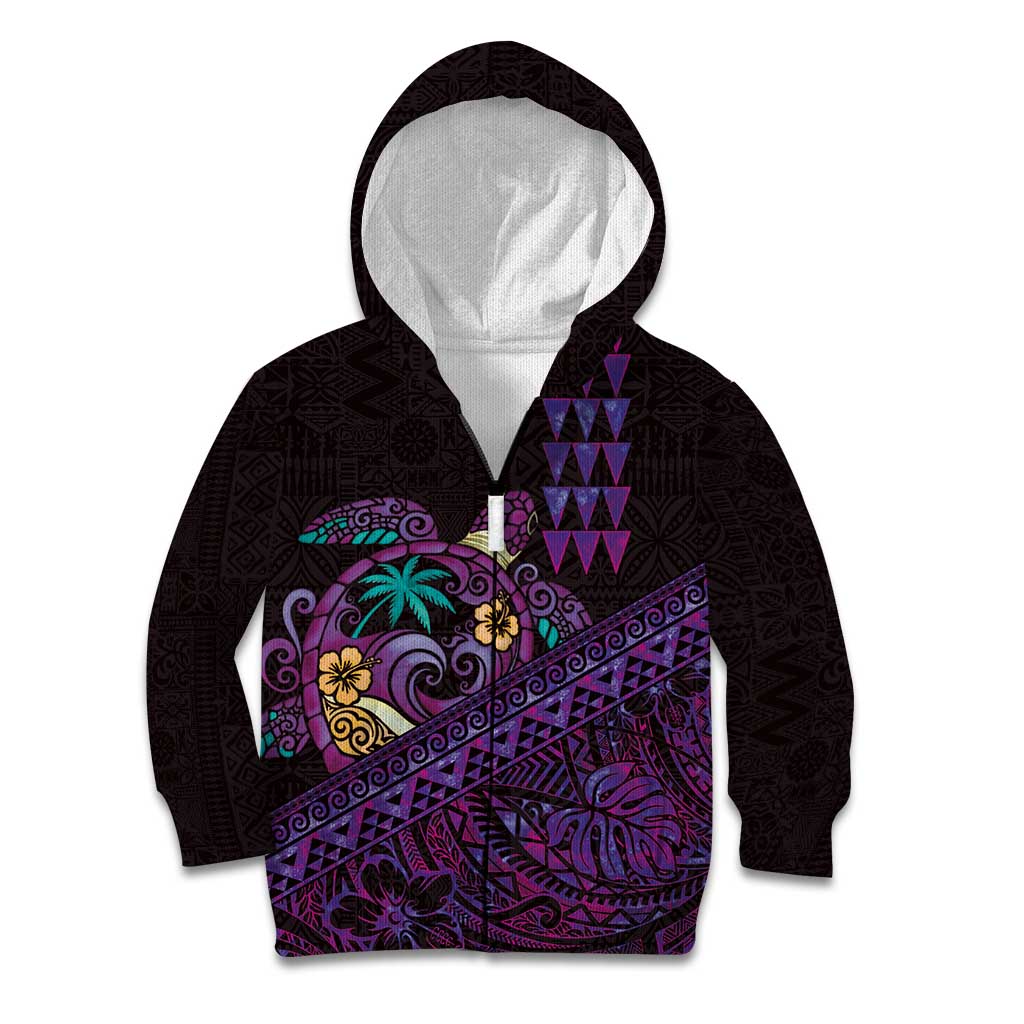 Hawaiian Abstract Sea Turtle Kid Hoodie Polynesian Tapa Art and Kakau Tattoo Purple WaterColor LT03 Zip Hoodie Black - Polynesian Pride