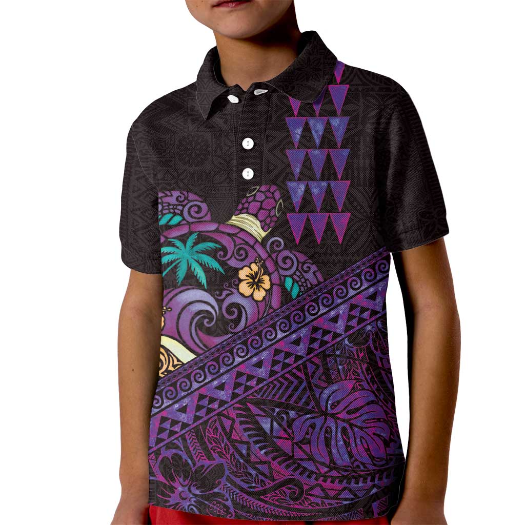 Hawaiian Abstract Sea Turtle Kid Polo Shirt Polynesian Tapa Art and Kakau Tattoo Purple WaterColor LT03 Kid Black - Polynesian Pride