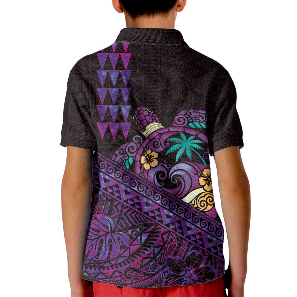 Hawaiian Abstract Sea Turtle Kid Polo Shirt Polynesian Tapa Art and Kakau Tattoo Purple WaterColor LT03 - Polynesian Pride