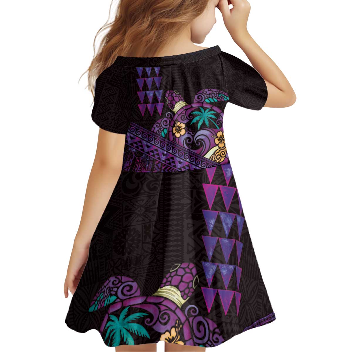 Hawaiian Abstract Sea Turtle Kid Short Sleeve Dress Polynesian Tapa Art and Kakau Tattoo Purple WaterColor LT03 - Polynesian Pride