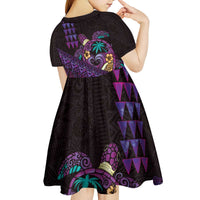 Hawaiian Abstract Sea Turtle Kid Short Sleeve Dress Polynesian Tapa Art and Kakau Tattoo Purple WaterColor LT03 - Polynesian Pride