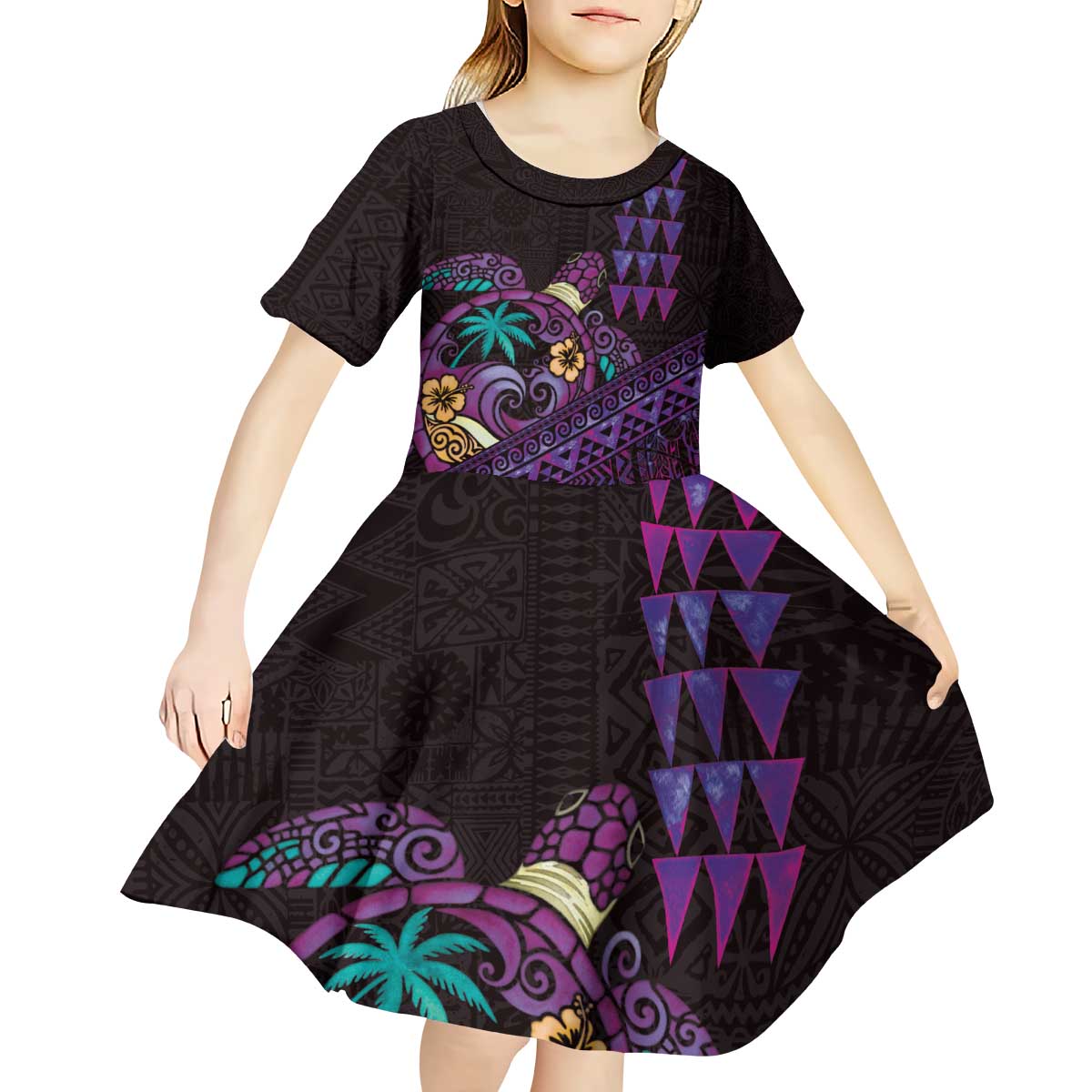 Hawaiian Abstract Sea Turtle Kid Short Sleeve Dress Polynesian Tapa Art and Kakau Tattoo Purple WaterColor LT03 - Polynesian Pride