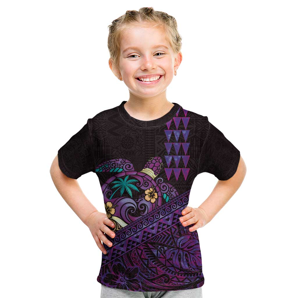 Hawaiian Abstract Sea Turtle Kid T Shirt Polynesian Tapa Art and Kakau Tattoo Purple WaterColor LT03 Black - Polynesian Pride