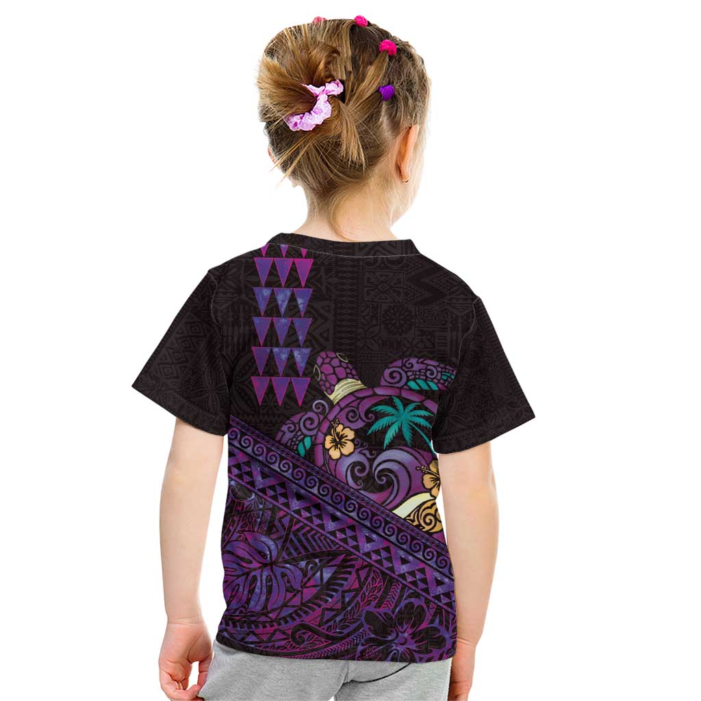 Hawaiian Abstract Sea Turtle Kid T Shirt Polynesian Tapa Art and Kakau Tattoo Purple WaterColor LT03 - Polynesian Pride