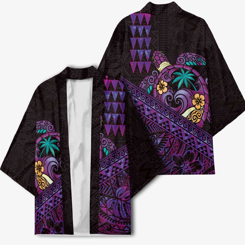 Hawaiian Abstract Sea Turtle Kimono Polynesian Tapa Art and Kakau Tattoo Purple WaterColor LT03 - Polynesian Pride