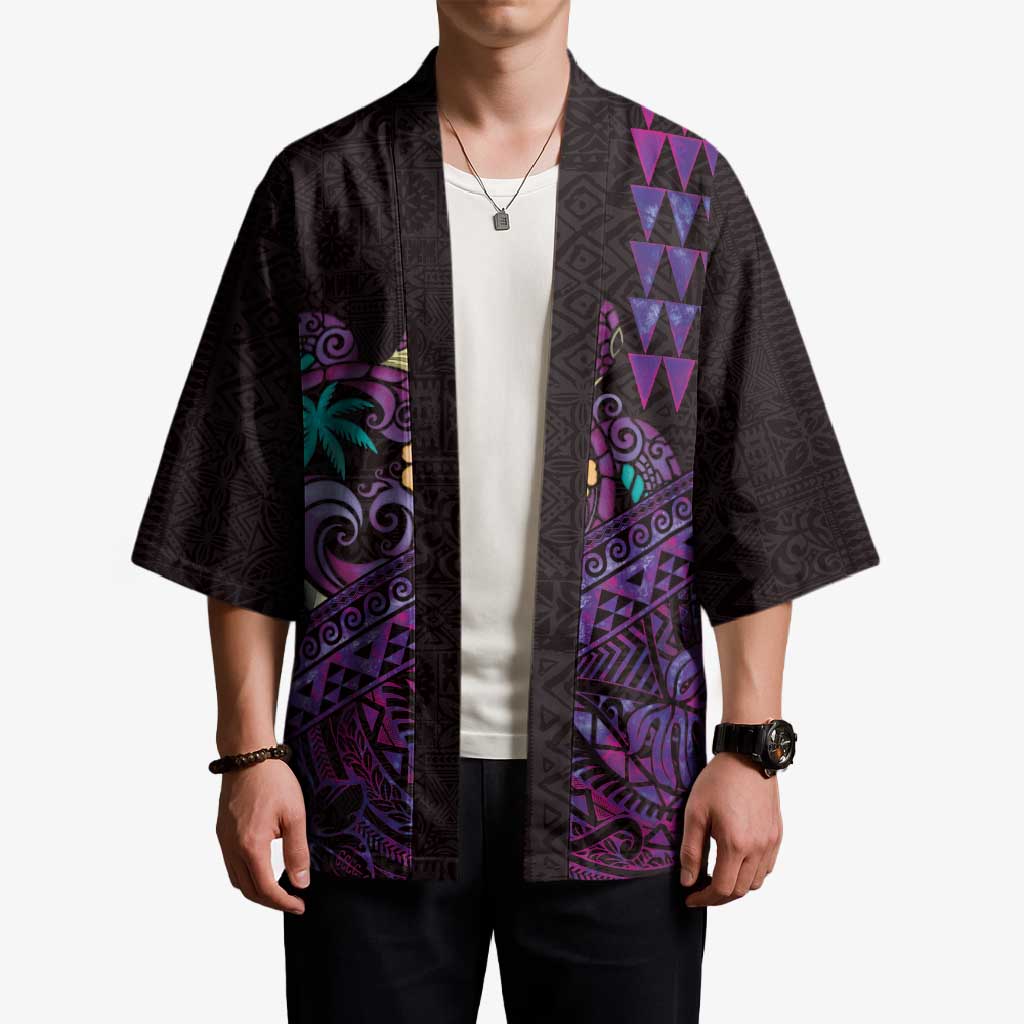 Hawaiian Abstract Sea Turtle Kimono Polynesian Tapa Art and Kakau Tattoo Purple WaterColor LT03 - Polynesian Pride