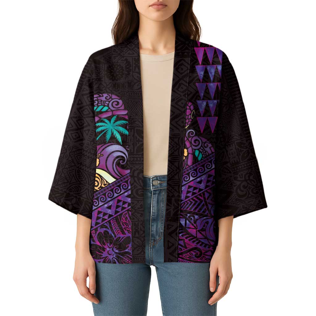 Hawaiian Abstract Sea Turtle Kimono Polynesian Tapa Art and Kakau Tattoo Purple WaterColor LT03 - Polynesian Pride