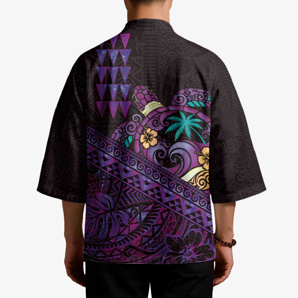 Hawaiian Abstract Sea Turtle Kimono Polynesian Tapa Art and Kakau Tattoo Purple WaterColor LT03 - Polynesian Pride