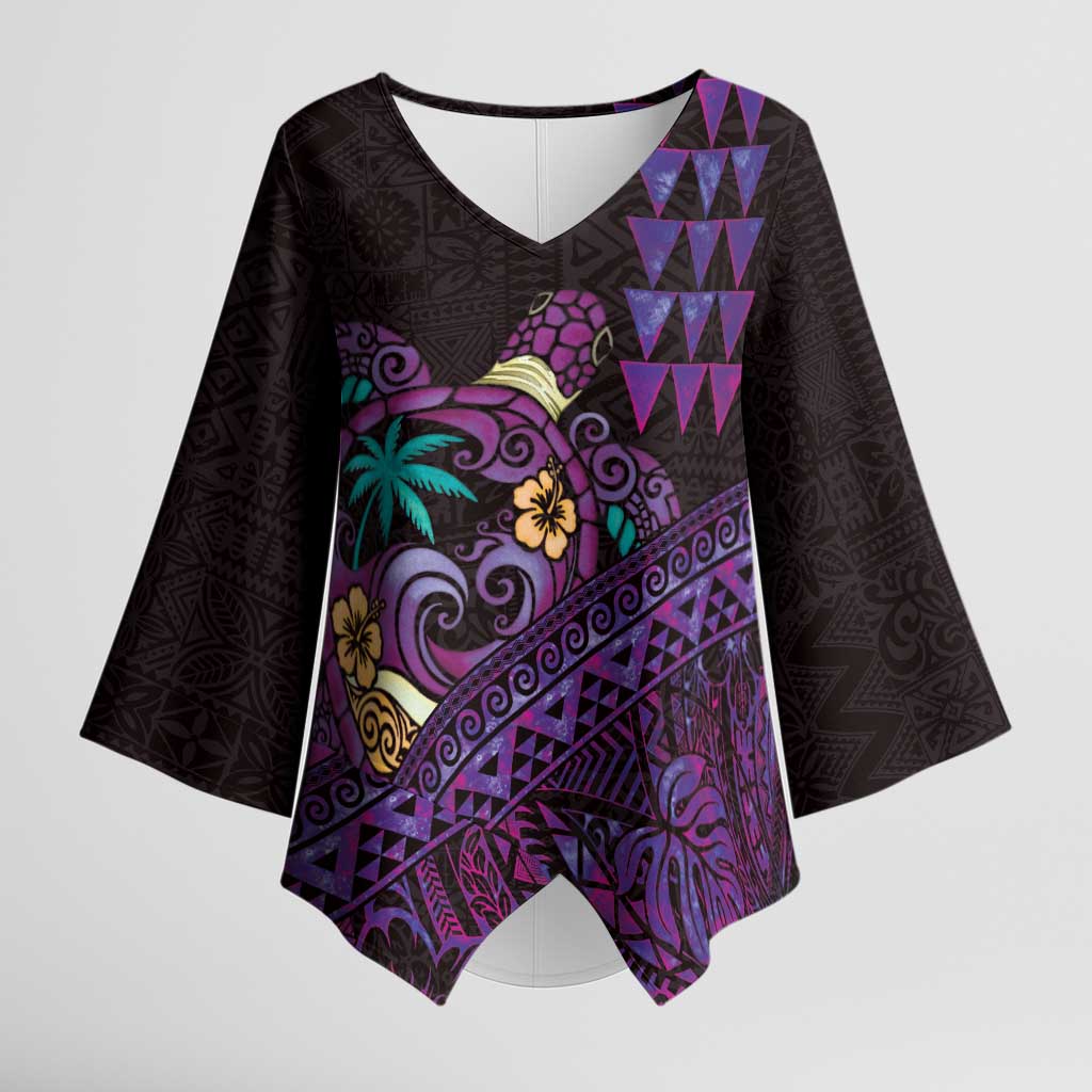 Hawaiian Abstract Sea Turtle Kimono Sleeve Blouse Polynesian Tapa Art and Kakau Tattoo Purple WaterColor LT03 Female Black - Polynesian Pride