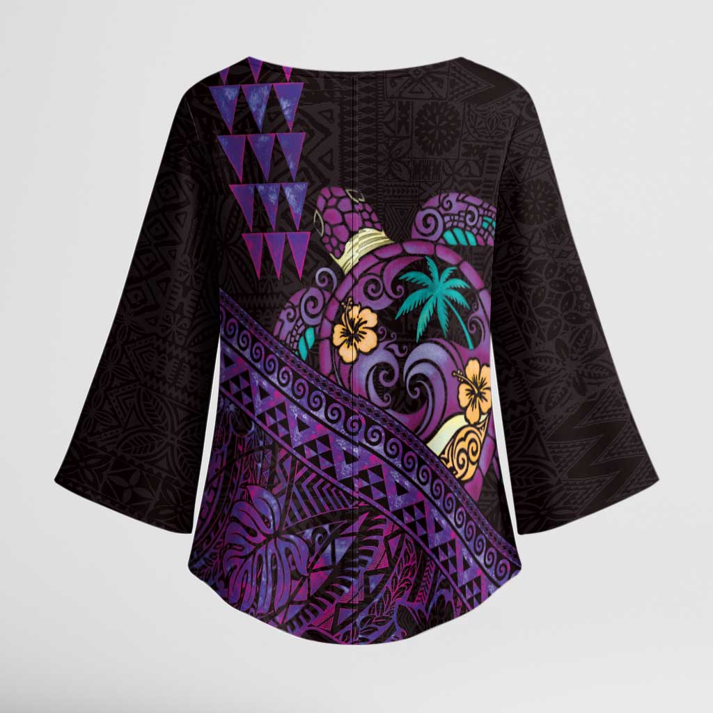 Hawaiian Abstract Sea Turtle Kimono Sleeve Blouse Polynesian Tapa Art and Kakau Tattoo Purple WaterColor LT03 - Polynesian Pride