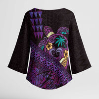 Hawaiian Abstract Sea Turtle Kimono Sleeve Blouse Polynesian Tapa Art and Kakau Tattoo Purple WaterColor LT03 - Polynesian Pride