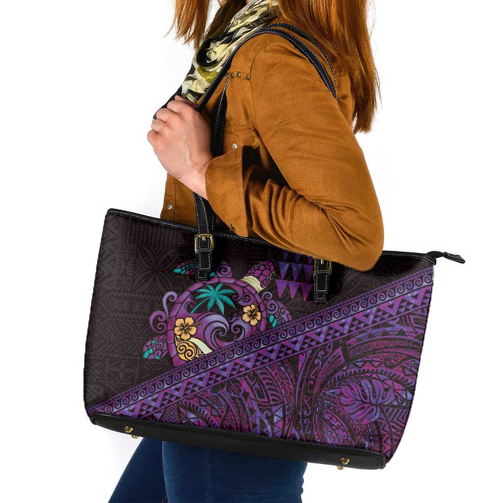 Hawaiian Abstract Sea Turtle Leather Tote Bag Polynesian Tapa Art and Kakau Tattoo Purple WaterColor LT03 Black - Polynesian Pride
