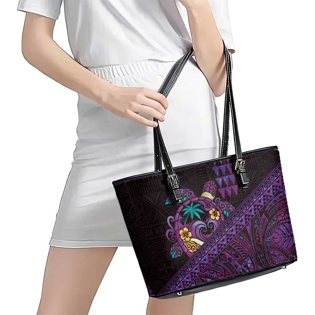 Hawaiian Abstract Sea Turtle Leather Tote Bag Polynesian Tapa Art and Kakau Tattoo Purple WaterColor LT03 - Polynesian Pride