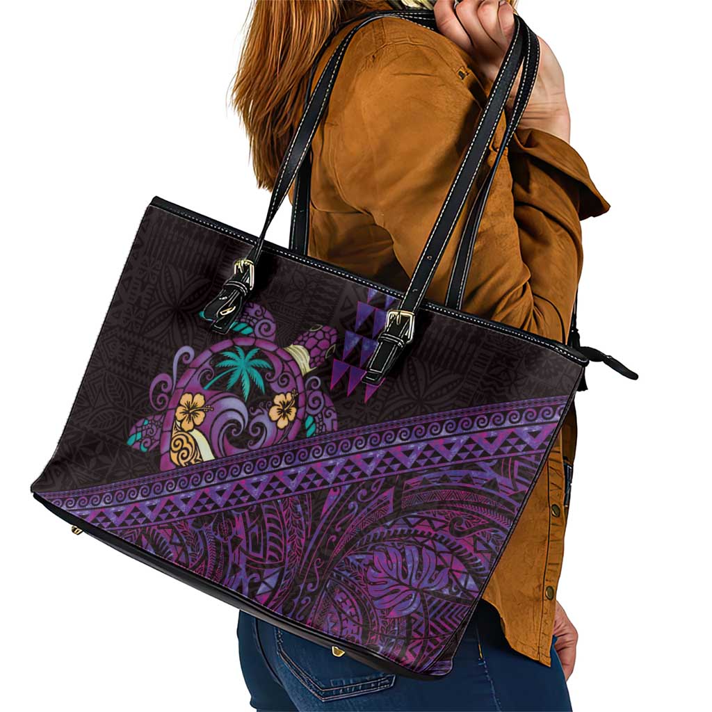 Hawaiian Abstract Sea Turtle Leather Tote Bag Polynesian Tapa Art and Kakau Tattoo Purple WaterColor LT03 - Polynesian Pride