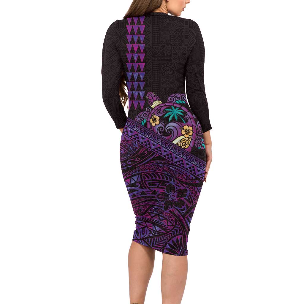Hawaiian Abstract Sea Turtle Long Sleeve Bodycon Dress Polynesian Tapa Art and Kakau Tattoo Purple WaterColor LT03 - Polynesian Pride