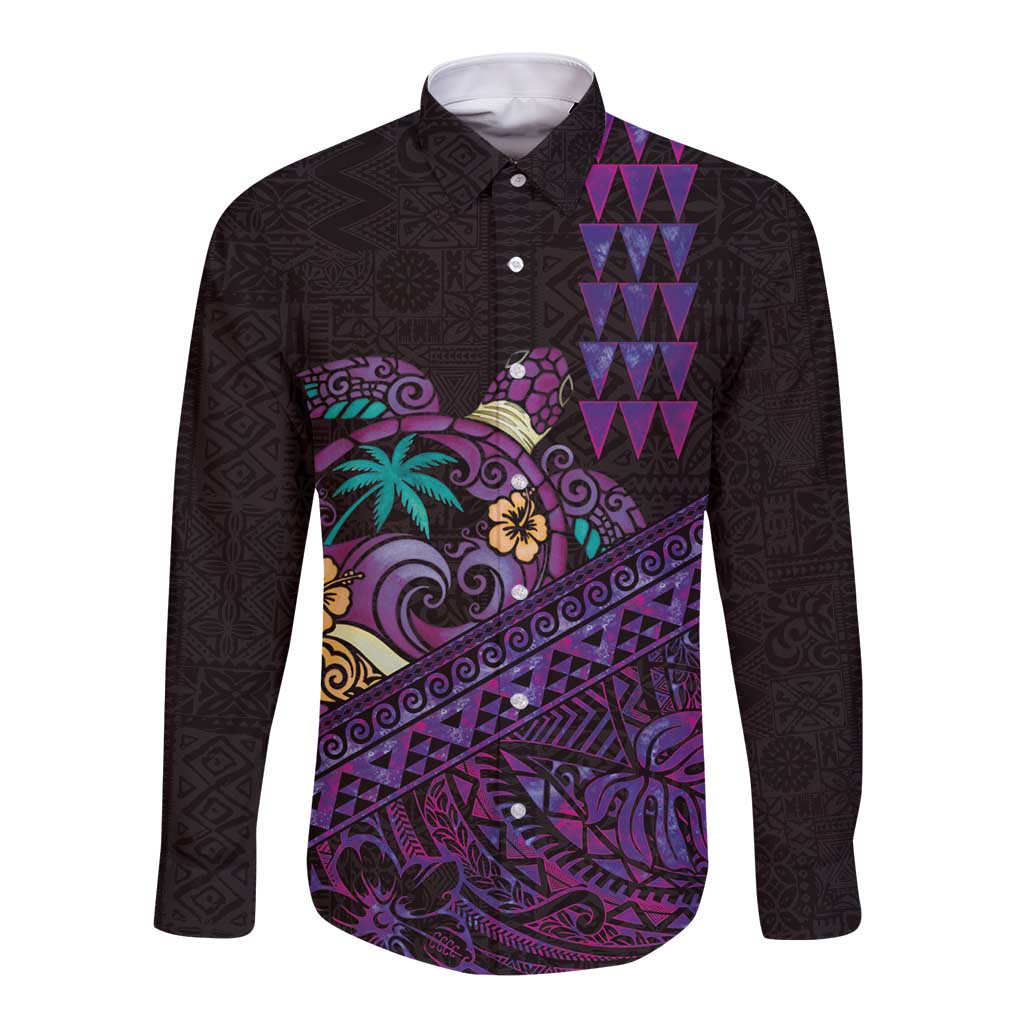 Hawaiian Abstract Sea Turtle Long Sleeve Button Shirt Polynesian Tapa Art and Kakau Tattoo Purple WaterColor LT03 Unisex Black - Polynesian Pride