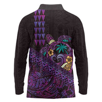 Hawaiian Abstract Sea Turtle Long Sleeve Polo Shirt Polynesian Tapa Art and Kakau Tattoo Purple WaterColor LT03 - Polynesian Pride