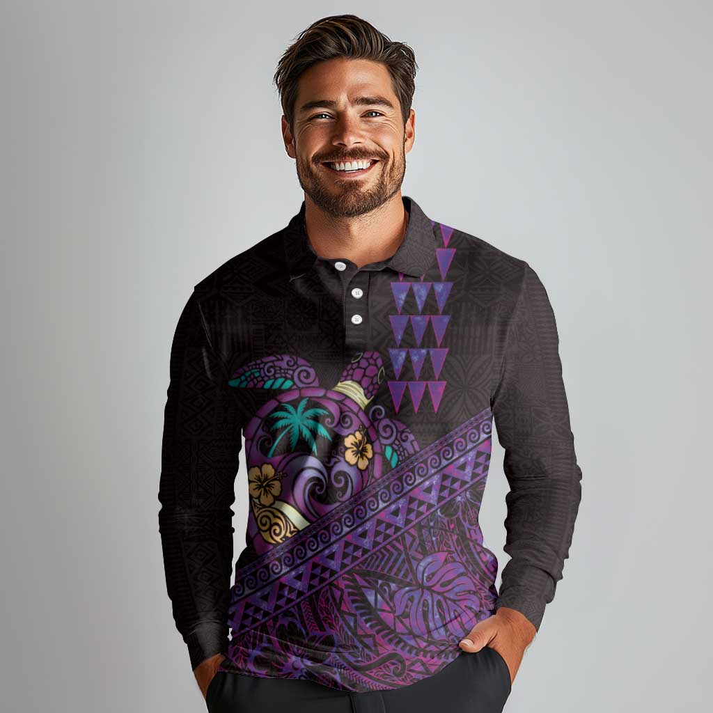 Hawaiian Abstract Sea Turtle Long Sleeve Polo Shirt Polynesian Tapa Art and Kakau Tattoo Purple WaterColor LT03 - Polynesian Pride