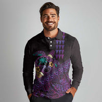 Hawaiian Abstract Sea Turtle Long Sleeve Polo Shirt Polynesian Tapa Art and Kakau Tattoo Purple WaterColor LT03 - Polynesian Pride