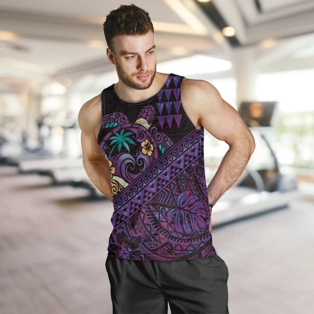 Hawaiian Abstract Sea Turtle Men Tank Top Polynesian Tapa Art and Kakau Tattoo Purple WaterColor LT03 Black - Polynesian Pride
