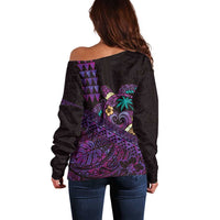 Hawaiian Abstract Sea Turtle Off Shoulder Sweater Polynesian Tapa Art and Kakau Tattoo Purple WaterColor LT03 - Polynesian Pride