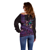 Hawaiian Abstract Sea Turtle Off Shoulder Sweater Polynesian Tapa Art and Kakau Tattoo Purple WaterColor LT03 - Polynesian Pride