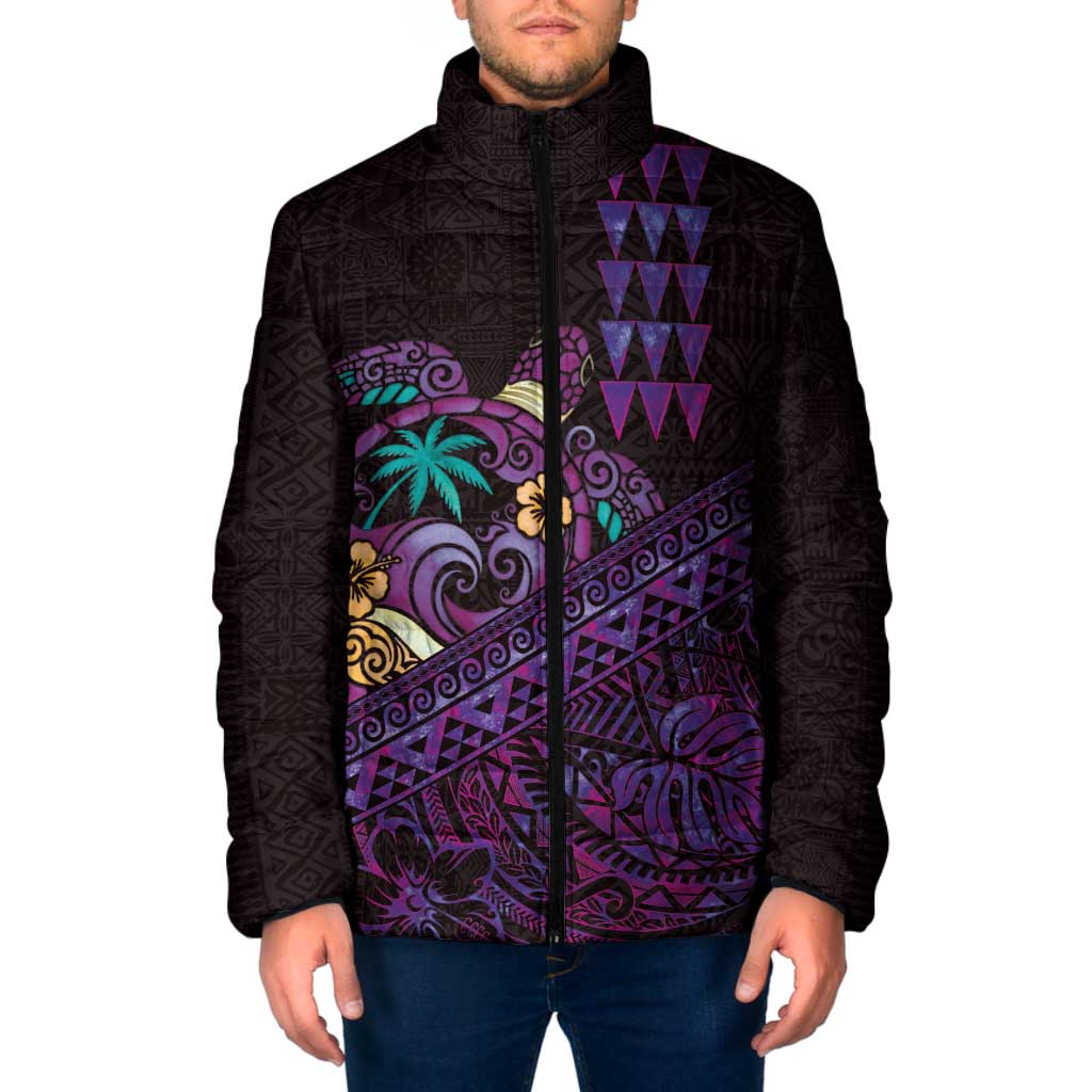 Hawaiian Abstract Sea Turtle Padded Jacket Polynesian Tapa Art and Kakau Tattoo Purple WaterColor LT03 Men Black - Polynesian Pride