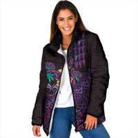 Hawaiian Abstract Sea Turtle Padded Jacket Polynesian Tapa Art and Kakau Tattoo Purple WaterColor LT03 Women Black - Polynesian Pride