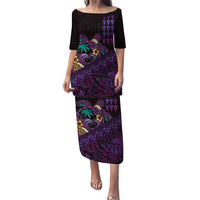 Hawaiian Abstract Sea Turtle Puletasi Polynesian Tapa Art and Kakau Tattoo Purple WaterColor LT03 Long Dress Black - Polynesian Pride
