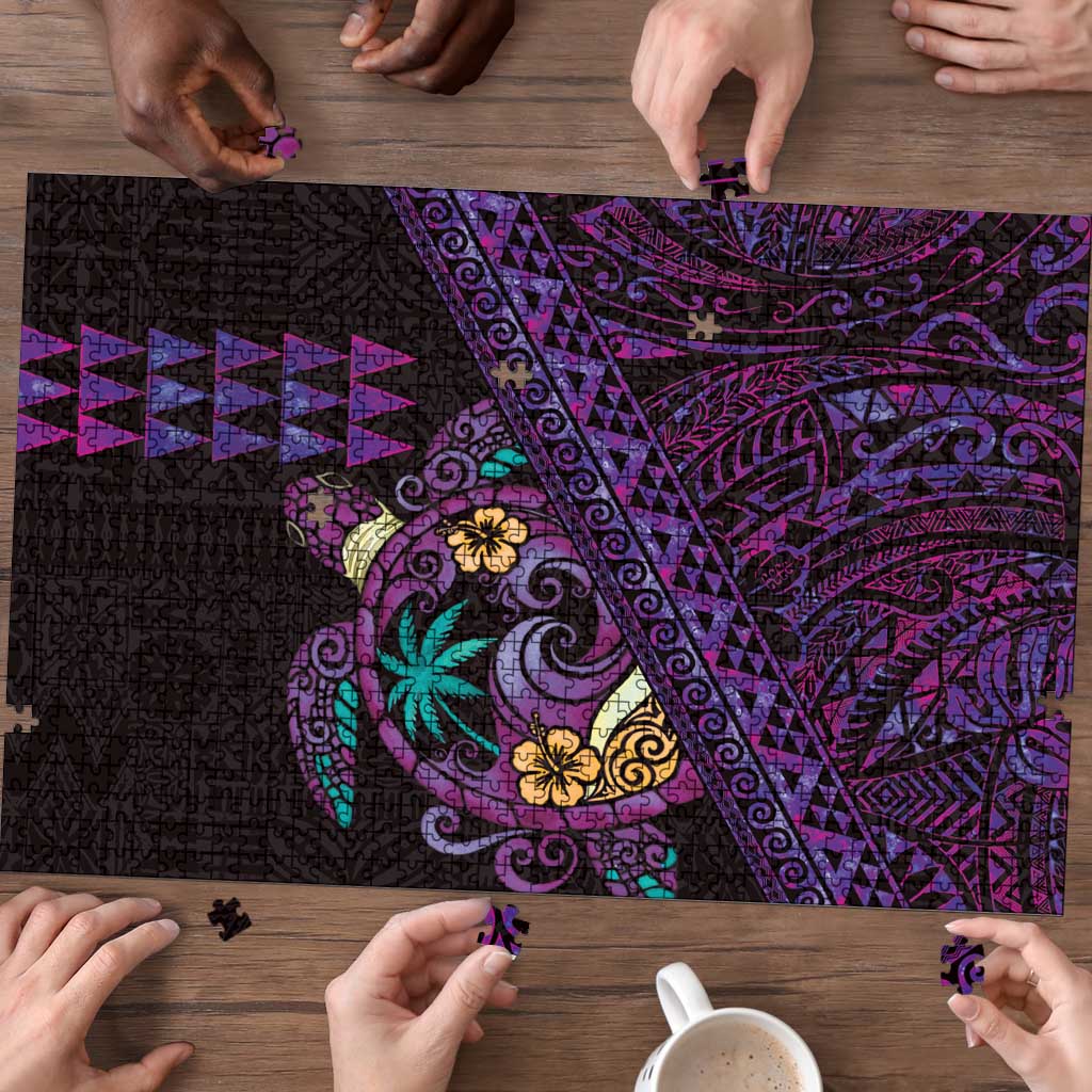 Hawaiian Abstract Sea Turtle Puzzle Polynesian Tapa Art and Kakau Tattoo Purple WaterColor LT03 - Polynesian Pride
