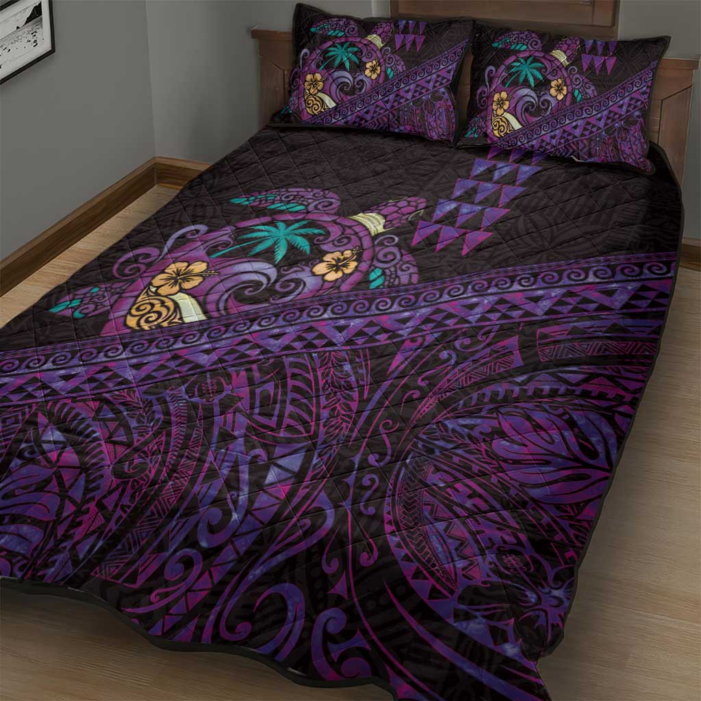 Hawaiian Abstract Sea Turtle Quilt Bed Set Polynesian Tapa Art and Kakau Tattoo Purple WaterColor LT03 - Polynesian Pride
