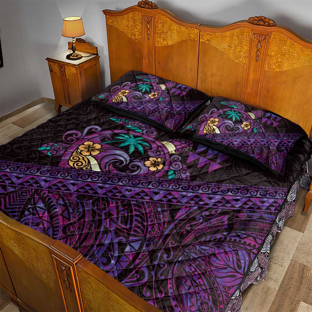 Hawaiian Abstract Sea Turtle Quilt Bed Set Polynesian Tapa Art and Kakau Tattoo Purple WaterColor LT03 - Polynesian Pride