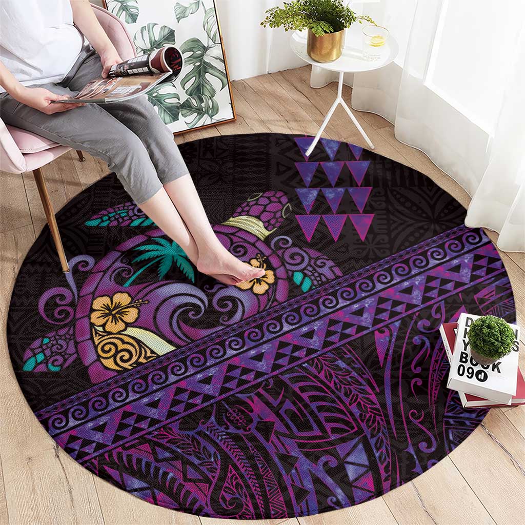 Hawaiian Abstract Sea Turtle Round Carpet Polynesian Tapa Art and Kakau Tattoo Purple WaterColor LT03 - Polynesian Pride