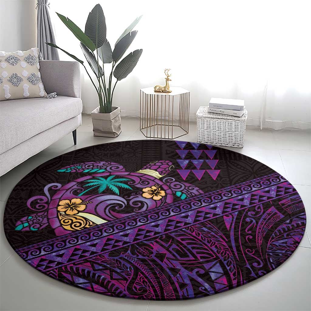 Hawaiian Abstract Sea Turtle Round Carpet Polynesian Tapa Art and Kakau Tattoo Purple WaterColor LT03 - Polynesian Pride