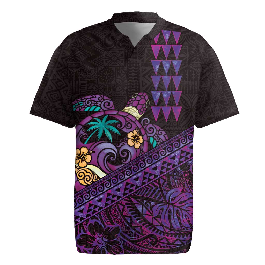 Hawaiian Abstract Sea Turtle Rugby Jersey Polynesian Tapa Art and Kakau Tattoo Purple WaterColor LT03 Black - Polynesian Pride