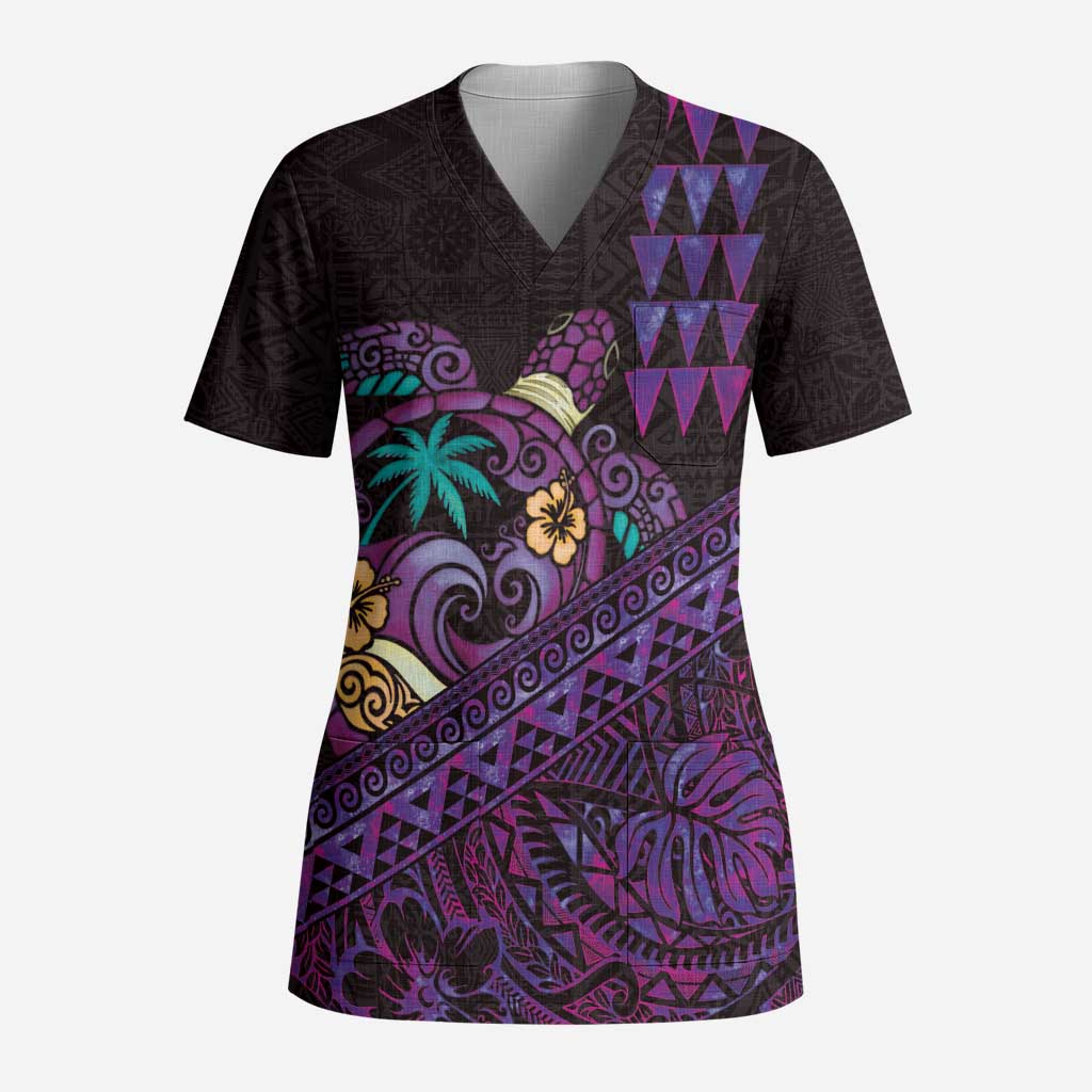 Hawaiian Abstract Sea Turtle Scrub Top Polynesian Tapa Art and Kakau Tattoo Purple WaterColor LT03 Adult Black - Polynesian Pride