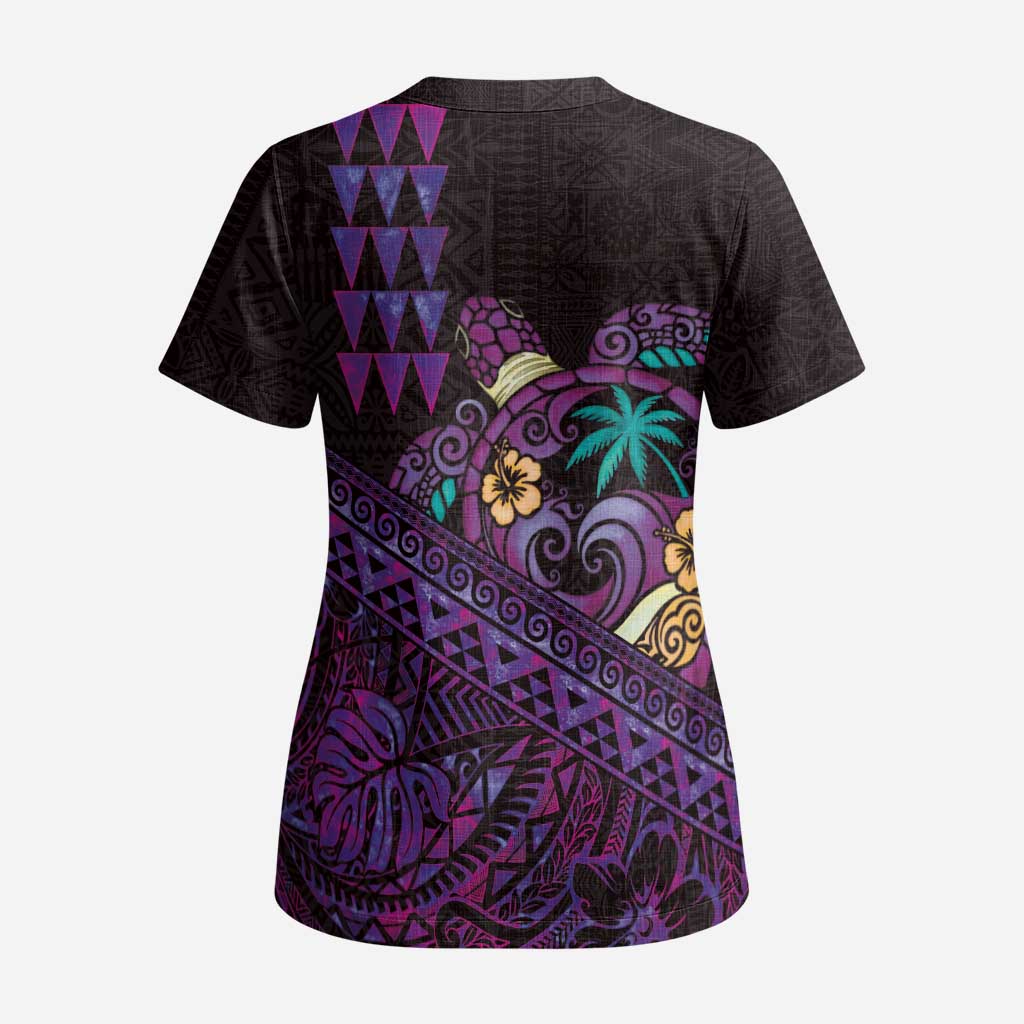 Hawaiian Abstract Sea Turtle Scrub Top Polynesian Tapa Art and Kakau Tattoo Purple WaterColor LT03 - Polynesian Pride
