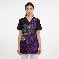 Hawaiian Abstract Sea Turtle Scrub Top Polynesian Tapa Art and Kakau Tattoo Purple WaterColor LT03 - Polynesian Pride