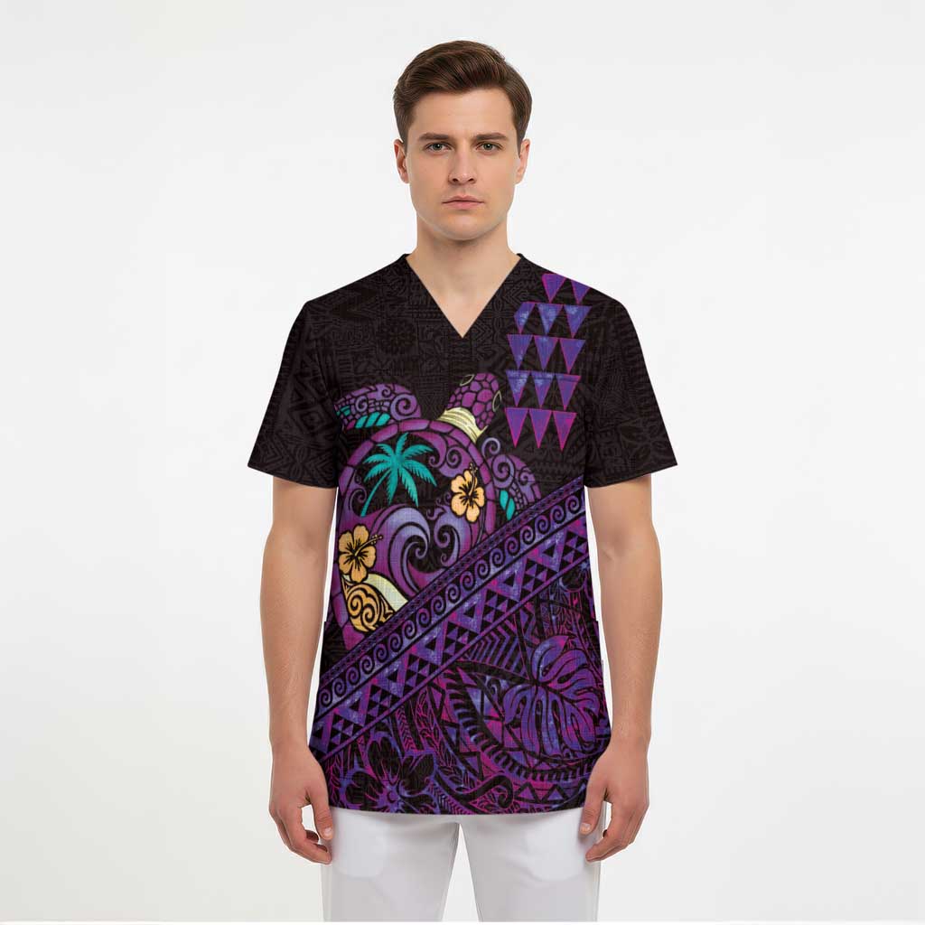 Hawaiian Abstract Sea Turtle Scrub Top Polynesian Tapa Art and Kakau Tattoo Purple WaterColor LT03 - Polynesian Pride