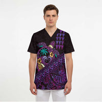 Hawaiian Abstract Sea Turtle Scrub Top Polynesian Tapa Art and Kakau Tattoo Purple WaterColor LT03 - Polynesian Pride
