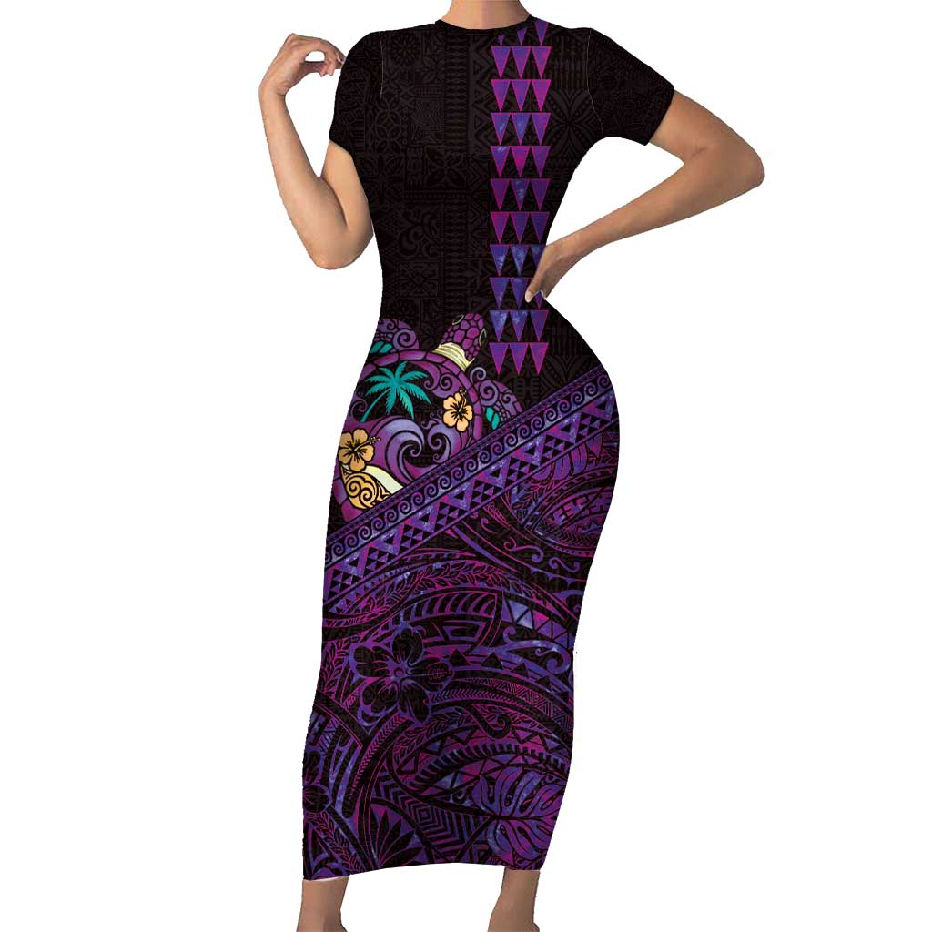 Hawaiian Abstract Sea Turtle Short Sleeve Bodycon Dress Polynesian Tapa Art and Kakau Tattoo Purple WaterColor LT03 Long Dress Black - Polynesian Pride
