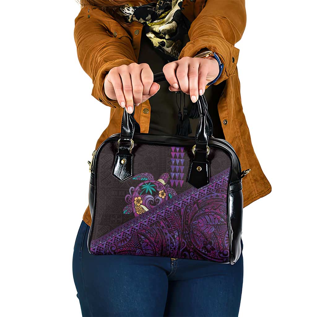 Hawaiian Abstract Sea Turtle Shoulder Handbag Polynesian Tapa Art and Kakau Tattoo Purple WaterColor LT03 One Size Black - Polynesian Pride