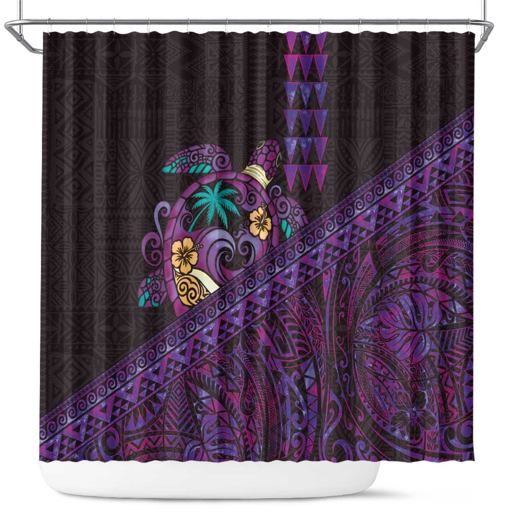 Hawaiian Abstract Sea Turtle Shower Curtain Polynesian Tapa Art and Kakau Tattoo Purple WaterColor LT03 Black - Polynesian Pride